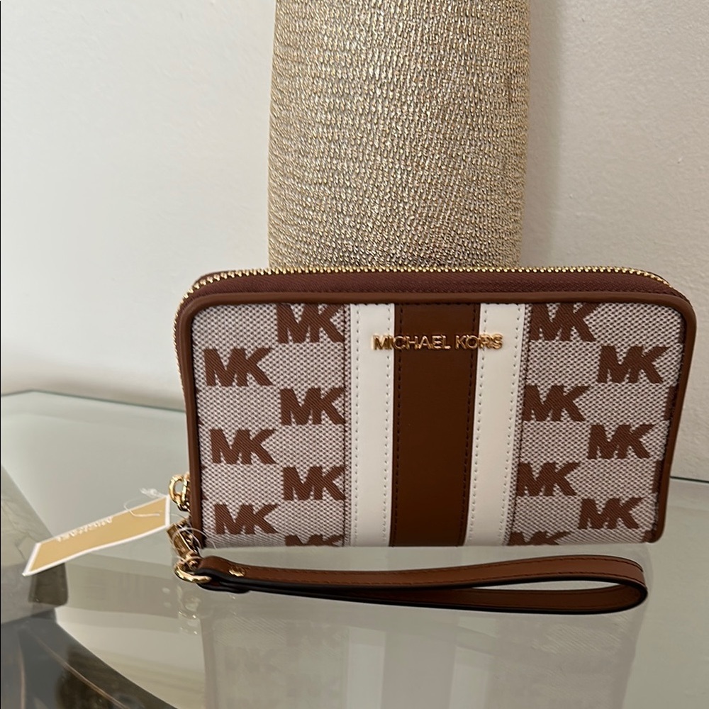 Michael Kors Brown and Cream Logo Wristlet